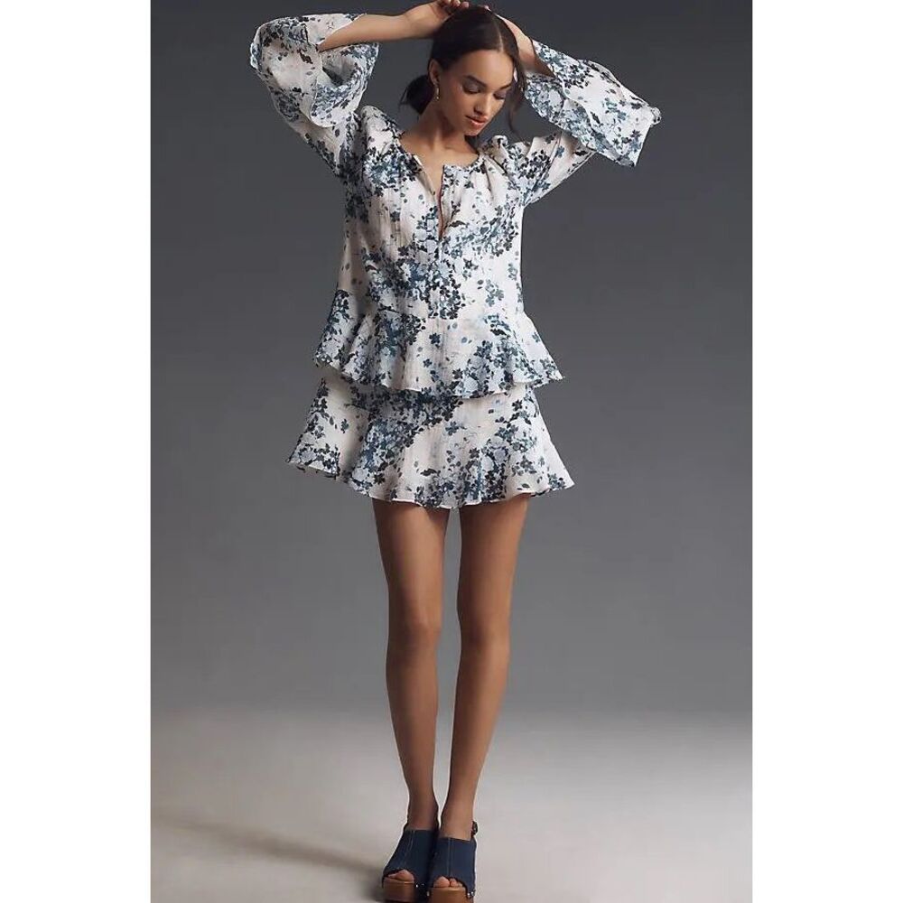 NWOT Maeve By Anthropologie Long-Sleeve V-Neck Mini Swing Dress Blue White Sz 2X - Picture 5 of 16